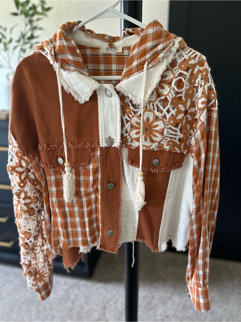 Miss Me Rust Orange & Cream Patchwork Hooded Jean Jacket